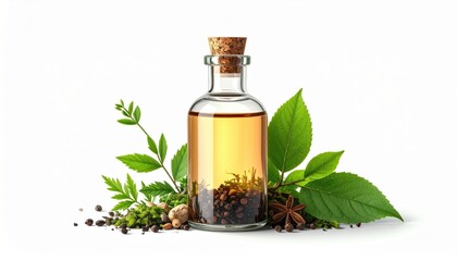 Bottle of oil with herbs and leaves elegant bottle of natural oil infused with fresh herbs and aromatic leaves perfect for culinary or cosmetic use