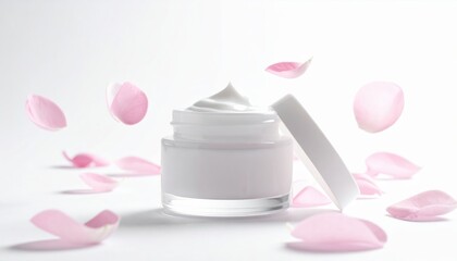 Jar of white cream surrounded by petals elegant container holding rich white cream adorned with soft petals for luxurious feel