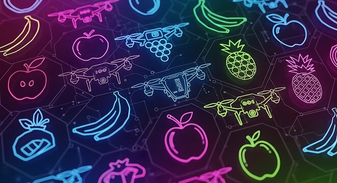 Neon Fruit and Drone Pattern - Vibrant Tech and Nature Fusion.