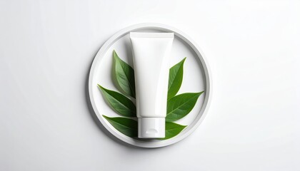 Skincare cream tube and natural green leaf on white background tube of cosmetic cream and vibrant green leaf presented on pure white surface minimalist