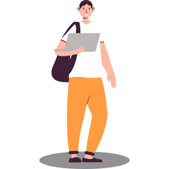 Young Man With A Laptop And A Bag Standing On A Transparent Background In A Casual Outfit With Orange Pants And White Shirt