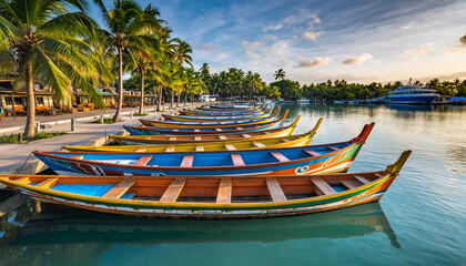Colorful boats line a tropical shore with palm trees and a large yacht.