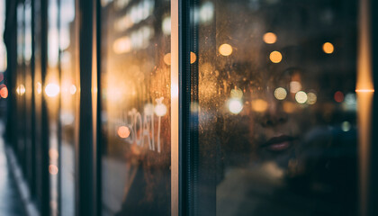Person reflected in a window with bokeh lights at dusk.