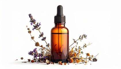 Essential oil bottle surrounded by dried flowers natural aromatherapy display capture natural beauty of essential oil bottle artfully arranged with dried flowers for serene display
