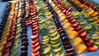 Rows of sliced fruit arranged in a colorful pattern on a platter.