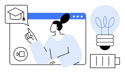 Person interacting with an online learning platform, graduation cap pop-up, and video chat icon. Lightbulb symbolizes innovation, and low battery indicates time constraints. Ideal for virtual