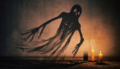 Spooky shadow figure cast by candlelight on a textured wall.