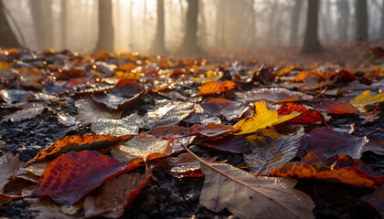 Fallen autumn leaves on the ground in a misty forest.