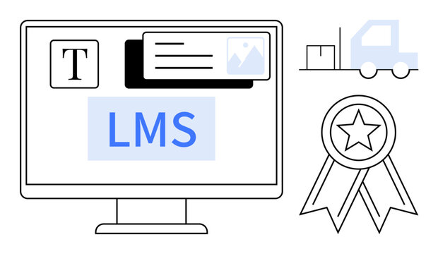 Computer screen featuring LMS dashboard, text, image, logistics truck, goods, and certification badge. Ideal for education, online training, e-learning logistics delivery rewards simple flat