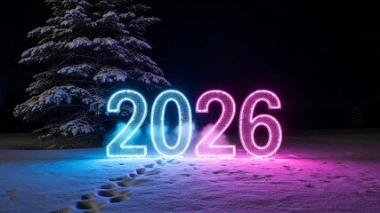 Glowing neon 2026 numbers illuminate snowy winter landscape at night with frosted pine tree and - Powered by Adobe
