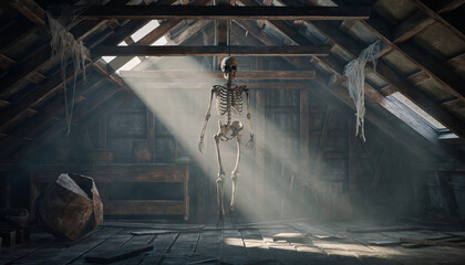 Skeleton hanging in dusty attic with light beams.