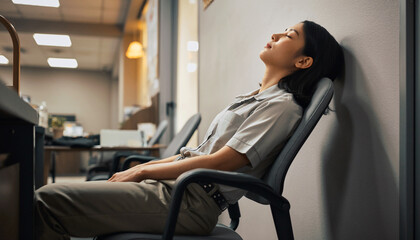 Woman sleeping in an office chair leaning against a wall.