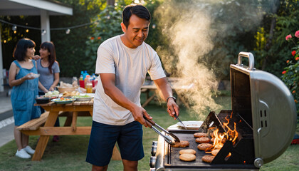 Man grilling burgers at a backyard gathering with family.