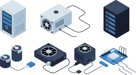 isometric illustration of computer hardware components including servers processors hard drives and cooling systems for technology data center concept