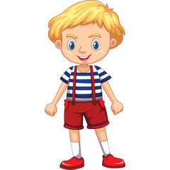 Blond Haired Boy Wearing Blue Striped Shirt Red Suspenders and Shorts with White Socks and Red Shoes Standing Happily