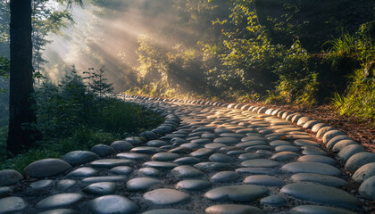 Sunlit forest path with rounded stones and lush green foliage