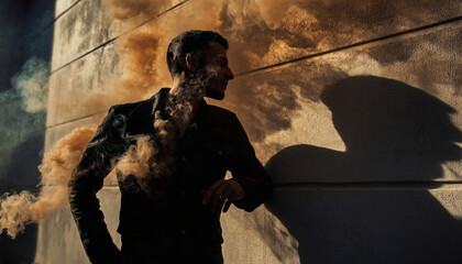 Man in dark clothing surrounded by smoke against a textured wall.