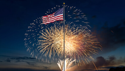 American flag flies above fireworks display at dusk.