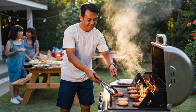 Man grilling burgers at a backyard gathering with family.