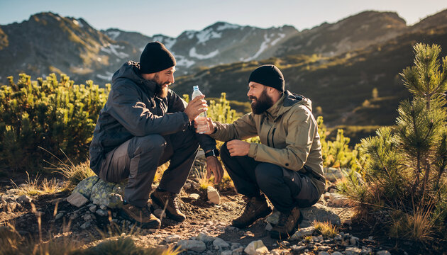 Two men sharing water bottle in a mountain landscape.