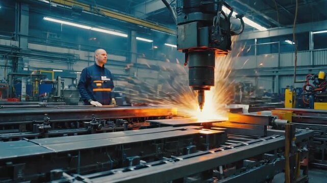 Close-up of a factory worker using a plasma torch to cut metal, creating bright sparks in an industrial fabrication workshop
