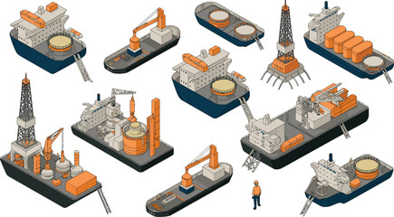 Isometric offshore oil and gas industry equipment set with drilling platform, cargo ship, oil rig, engineer worker, and industrial vessels illustration