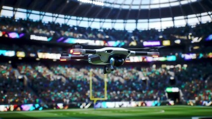 Drone flying over football stadium recording event, with fans in the stands, for broadcasting - Powered by Adobe