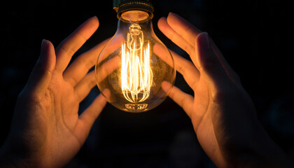 Hands cupping a glowing incandescent light bulb in darkness.