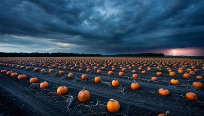 Vast pumpkin field under stormy, lightning-filled sky.