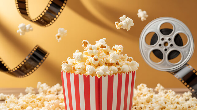 Popcorn in a red and white striped bucket with film reels and strips against a warm yellow background - Powered by Adobe