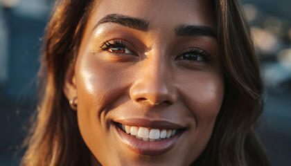 Close up of a smiling woman's face with golden hour lighting.