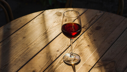 A glass of red wine sits on a wooden table outdoors.