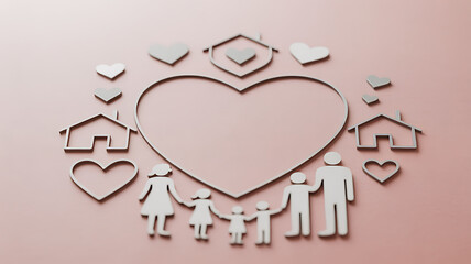 Paper cutout family silhouette surrounded by hearts and houses on a soft pink background