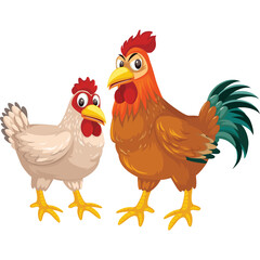 Cartoon illustration of a white hen standing next to a brown rooster with red comb on a transparent background