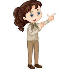Cartoon illustration of a young girl with brown hair and blue eyes wearing a light brown collared shirt khaki pants and brown shoes pointing to the right side with both hands.