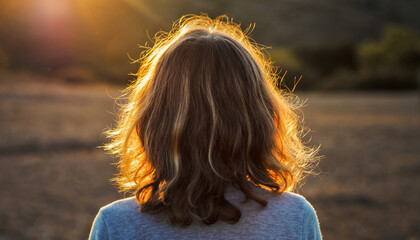 Woman's hair backlit by golden sunset light outdoors.