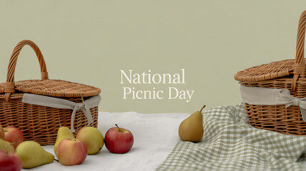 National Picnic Day celebration with wicker baskets, apples, pears, and a checkered cloth on a table.