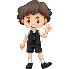 Cheerful Young Boy With Wavy Brown Hair Waving Hello Wearing A Black Vest Over A White Shirt And Black Shorts With White Socks And Black Shoes On A Transparent Background