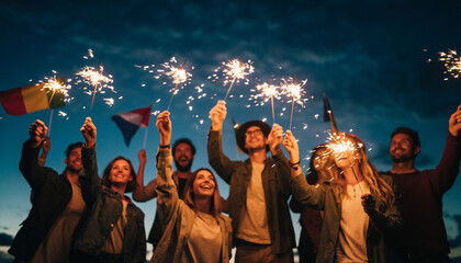 Group of friends celebrating with sparklers and flags at night.