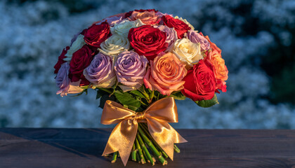 Colorful rose bouquet with golden bow on dark wooden surface