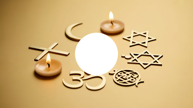 Religious symbols and candles arranged around a central circle on a warm-toned background - Powered by Adobe