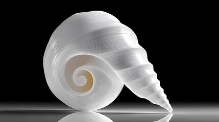 Close up of a white seashell spiral with a bright yellow interior set against a dark black background with dramatic lighting reflecting on a smooth surface below
