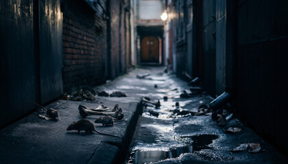 Rats and bones litter a dark, wet alleyway with brick walls.