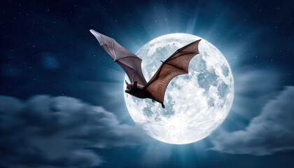 Bat flying in front of a large full moon at night.