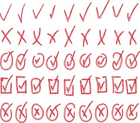 Check tick mark icon set. Cross box x check mark checkbox v list vector draw hand drawn sketch doodle brush marker checklist symbol wrong right circle. Vector Illustration