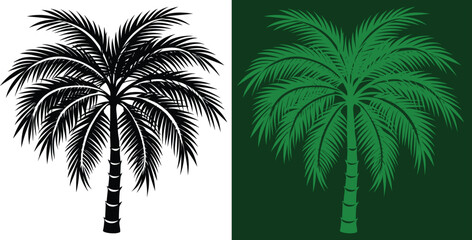 Elegant palm tree silhouettes for tropical designs, perfect for summer themes and vacation vibes, available in black and green color schemes