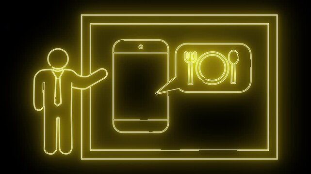 Yellow neon outlines a man phone and speech bubble with a dish fork  spoon inside a rectangle against a black backdrop