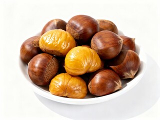 Obraz premium A bowl of roasted and raw chestnuts on a white background