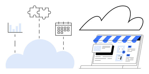 Cloud platform connecting analytics, calendar, puzzle elements, and store interface. Ideal for data management, online business, integration, organization, marketing retail efficient workflows
