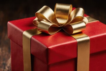 Close Up Of Red Gift Box With Golden Bow Against Dark Wood Background